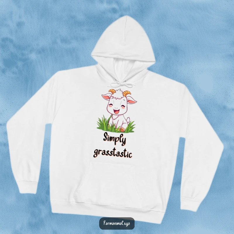 Funny goat hoodie with a cozy design of a joyful goat character happily munching on grass and sporting a wide, bright smile.