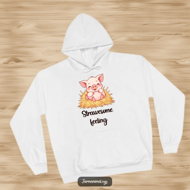 Funny piglet joyfully rolling in a pile of soft straw, a warm and humorous hoodie for cozy days.