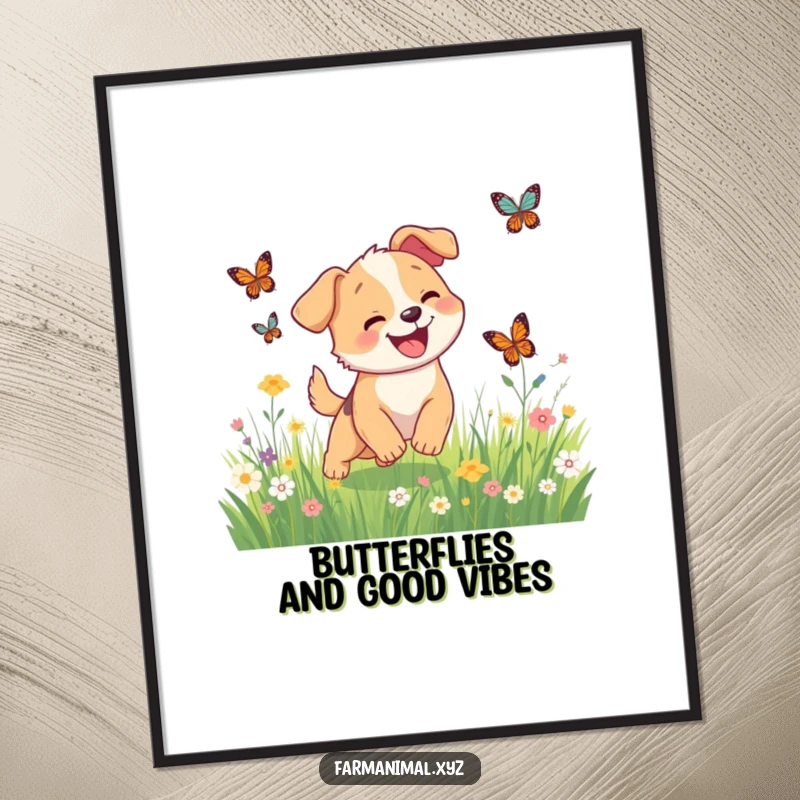 Funny free printable wall art: A cheerful cartoon dog joyfully chasing butterflies in a vibrant, sunny meadow.