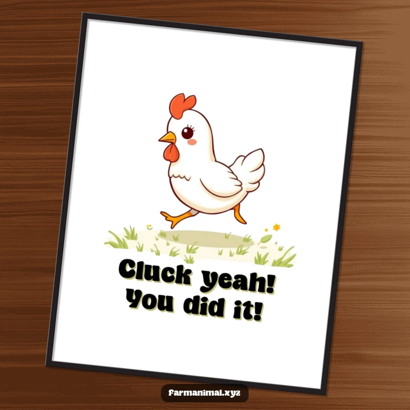 Funny Free Printable Wall Art: Kawaii chicken gallops with pure joy across a vibrant grassy field, bringing smiles.