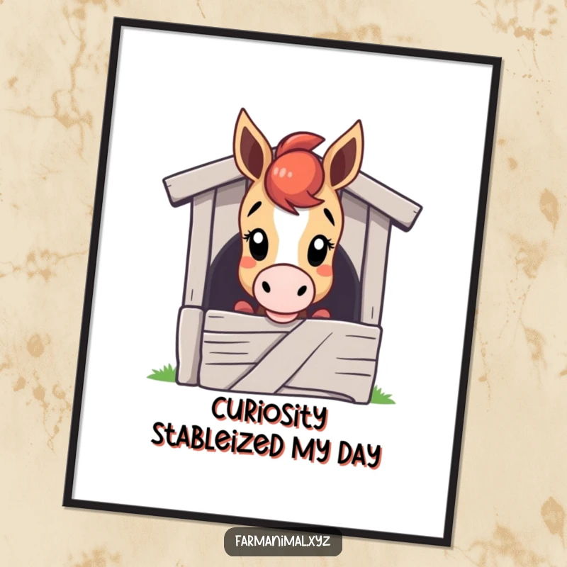 Funny Free Printable Wall Art: Horse with head over stable door, curious and whimsical, humorous downloadable decor.