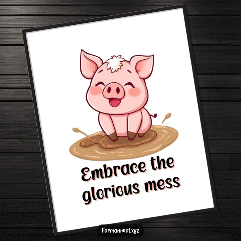 Funny Free Printable Wall Art: Happy pig character joyfully wallowing in mud puddles, creating a playful scene, decor.