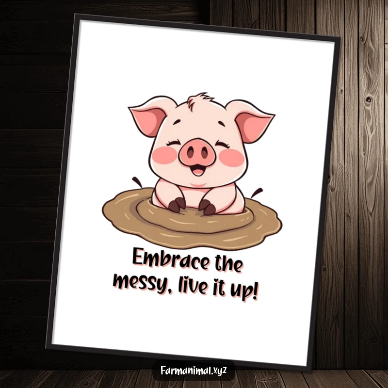 Funny Free Printable Wall Art: Cheerful pig happily rolling in a mud puddle, playful farm decor, downloadable whimsical art.