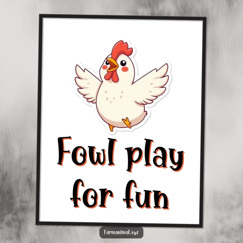 Funny Free Printable Wall Art: A chicken flapping its wings wildly with excitement, a vibrant and funny piece of decor.