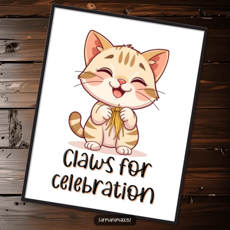 Funny Free Printable Wall Art featuring a smiling barn cat playfully swatting at a dangling piece of hay, full of mischievous charm.