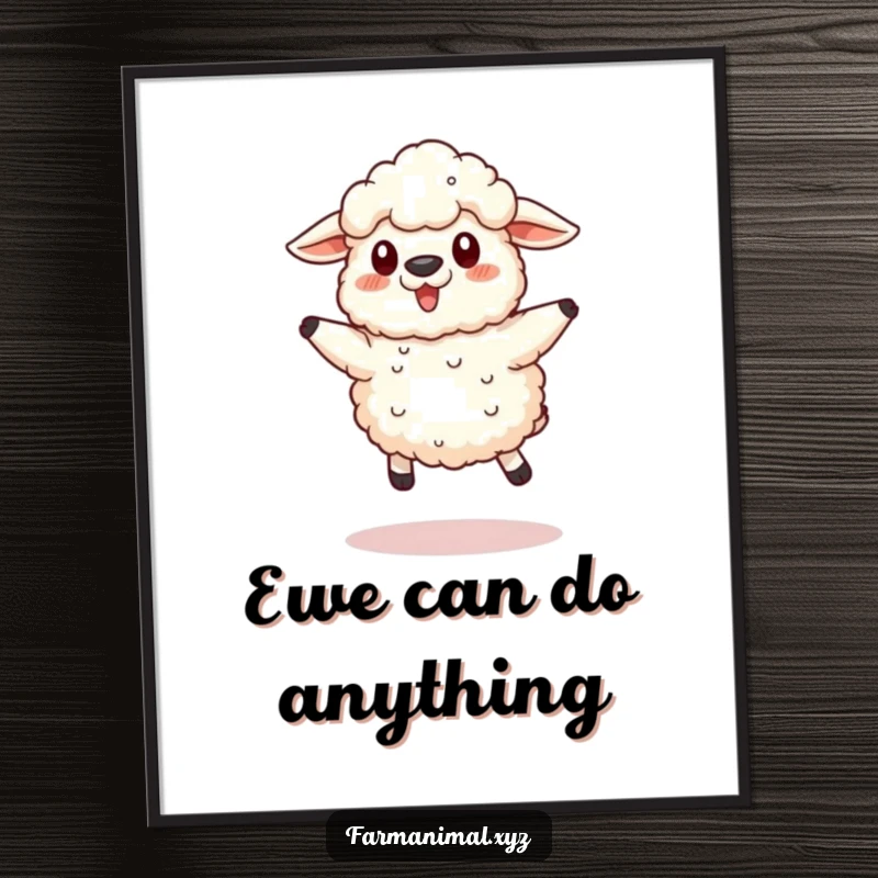 Funny Free Printable Wall Art of a fluffy sheep caught mid-jump in a comical pose, bringing playful energy to the room.
