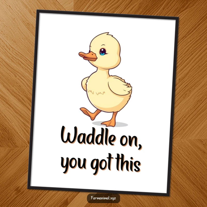 Funny Free Printable Wall Art: Determined duckling waddles energetically with a focused look, adding charm.