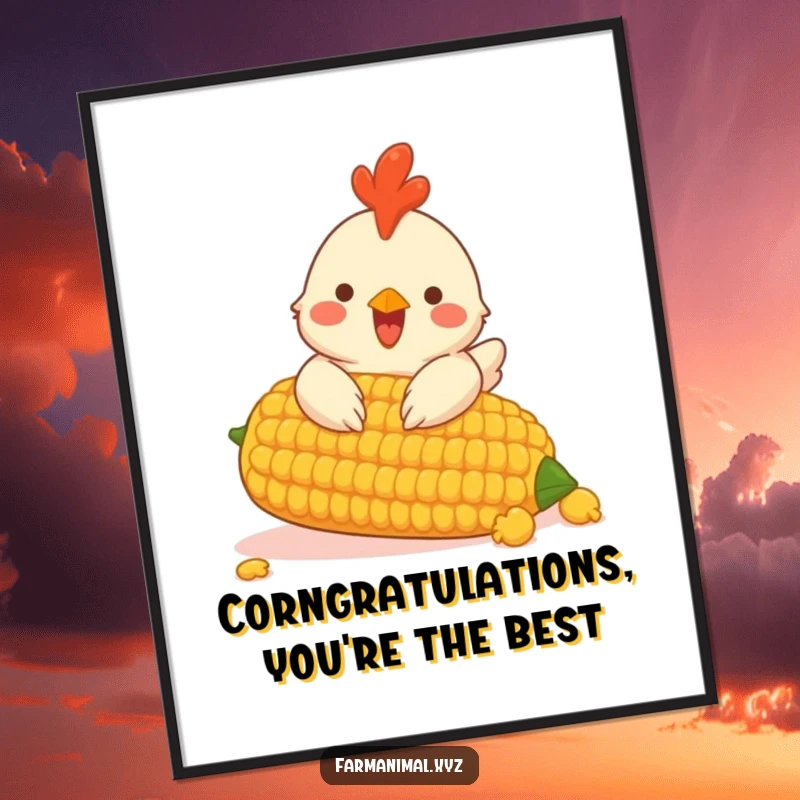 Funny Free Printable Wall Art: Enthusiastic chicken excitedly pecking at a massive corn cob, showcasing farmyard delight.