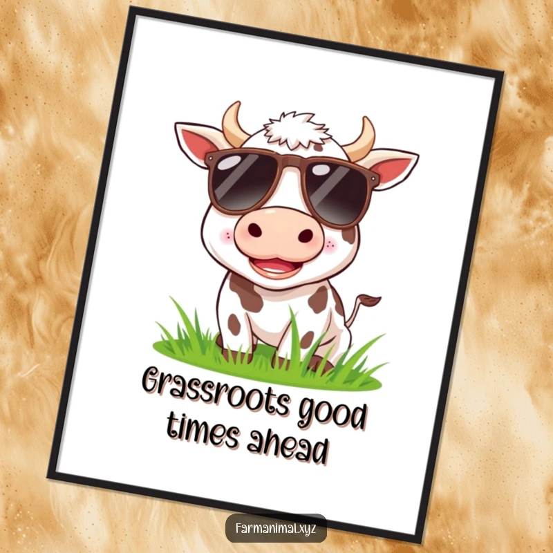 Funny Free Printable Wall Art: A playful cow wearing sunglasses, cheerfully munching grass, bringing downloadable humor to any room.