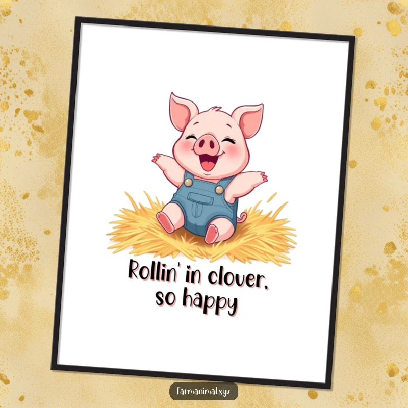Funny Free Printable Wall Art: A happy piglet wearing overalls gleefully rolls in a haystack, radiating pure delight.