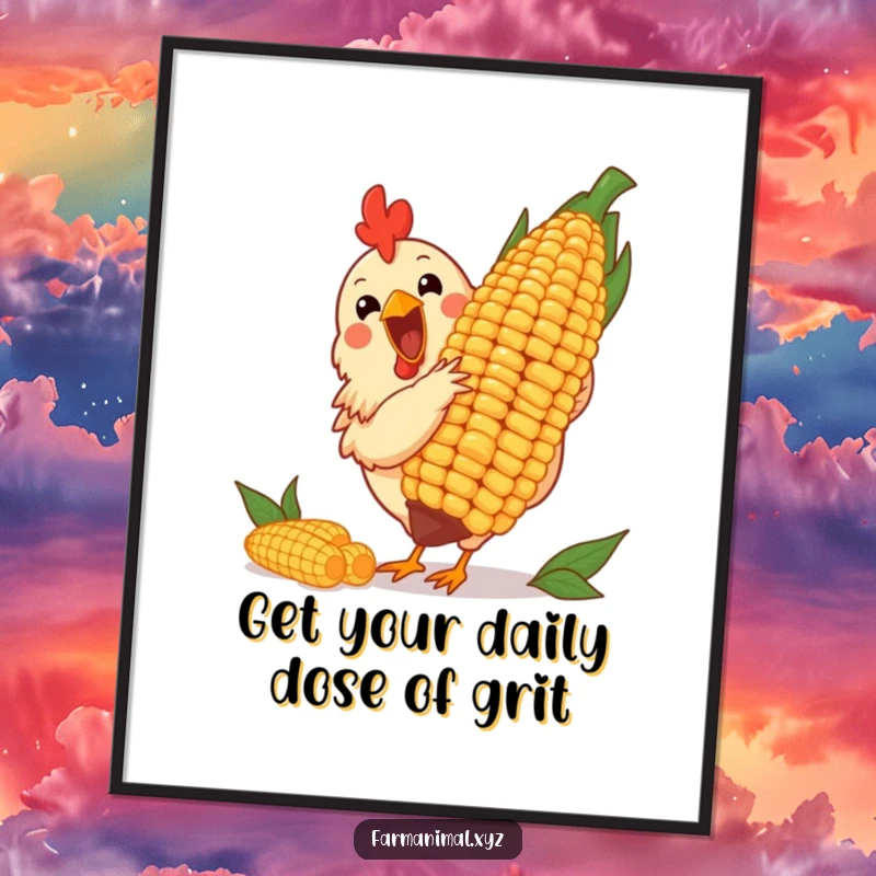Funny Free Printable Wall Art: A cheerful chicken excitedly pecking at a massive corn cob with delight.