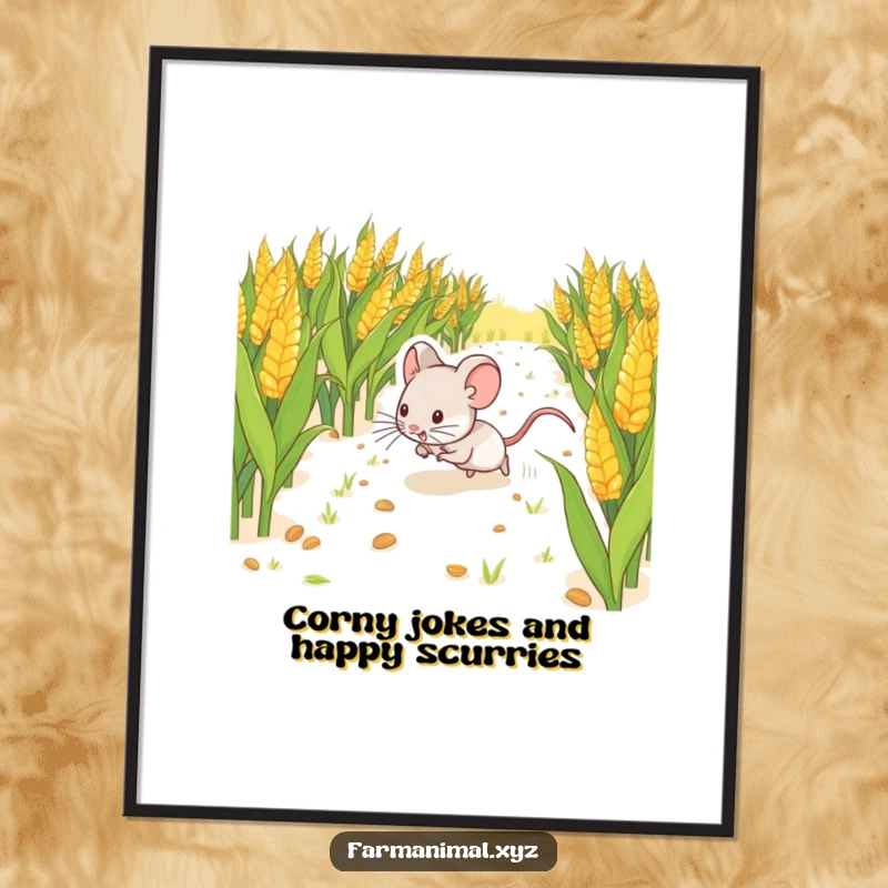 Funny Free Printable Wall Art: A small, happy mouse is depicted scurrying joyfully through a vibrant cornfield.