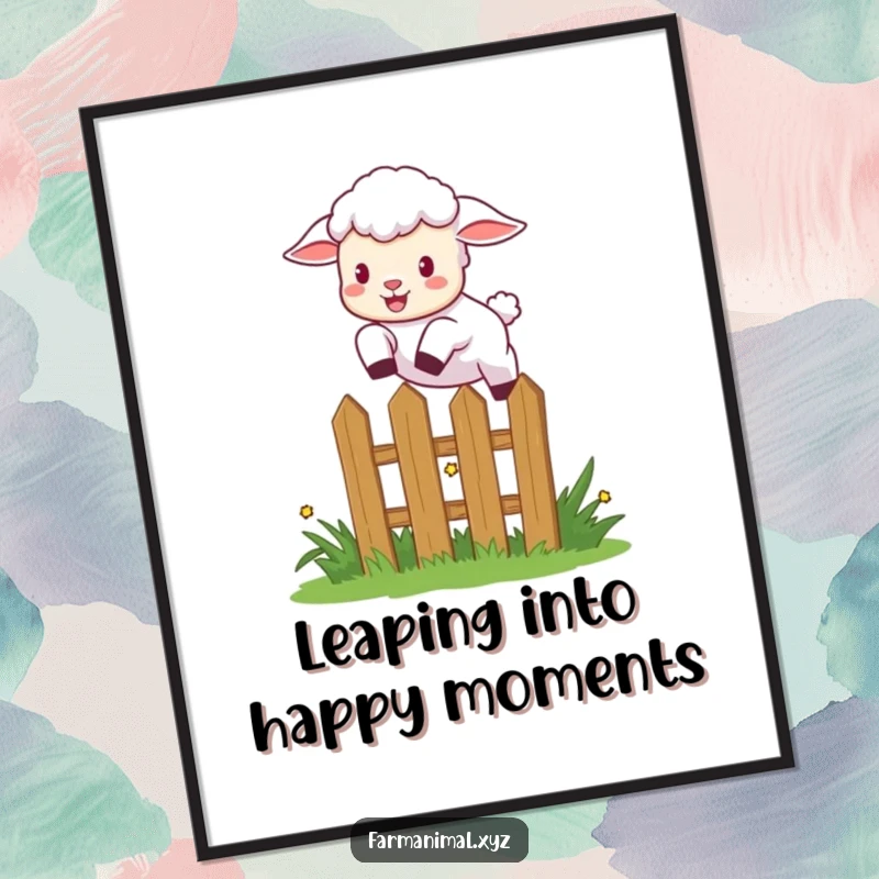 Funny Free Printable Wall Art: A playful lamb excitedly leaping over a small garden fence, full of bounce.