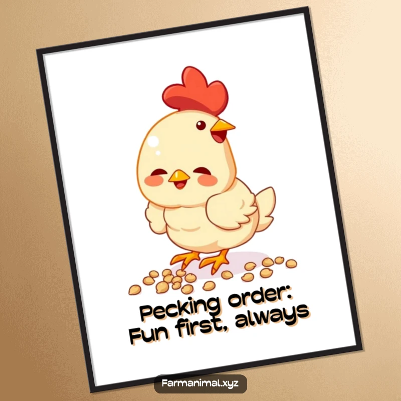 Funny Free Printable Wall Art: A happy chicken enthusiastically pecks at a pile of seeds with energetic focus.