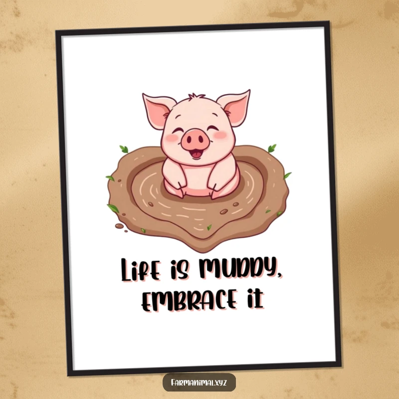 Funny Free Printable Wall Art: A cheerful pig happily rolling in a perfectly shaped heart mud puddle.