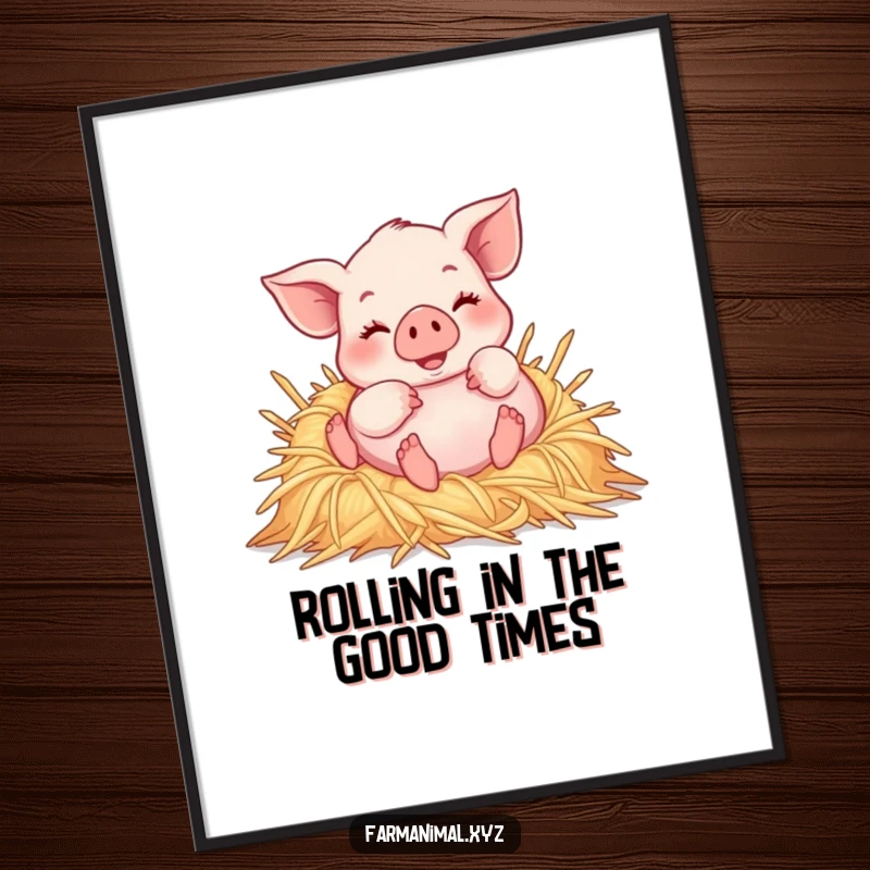 Funny Free Printable Wall Art: A cute piglet joyfully rolling in a pile of soft straw, radiating happiness.