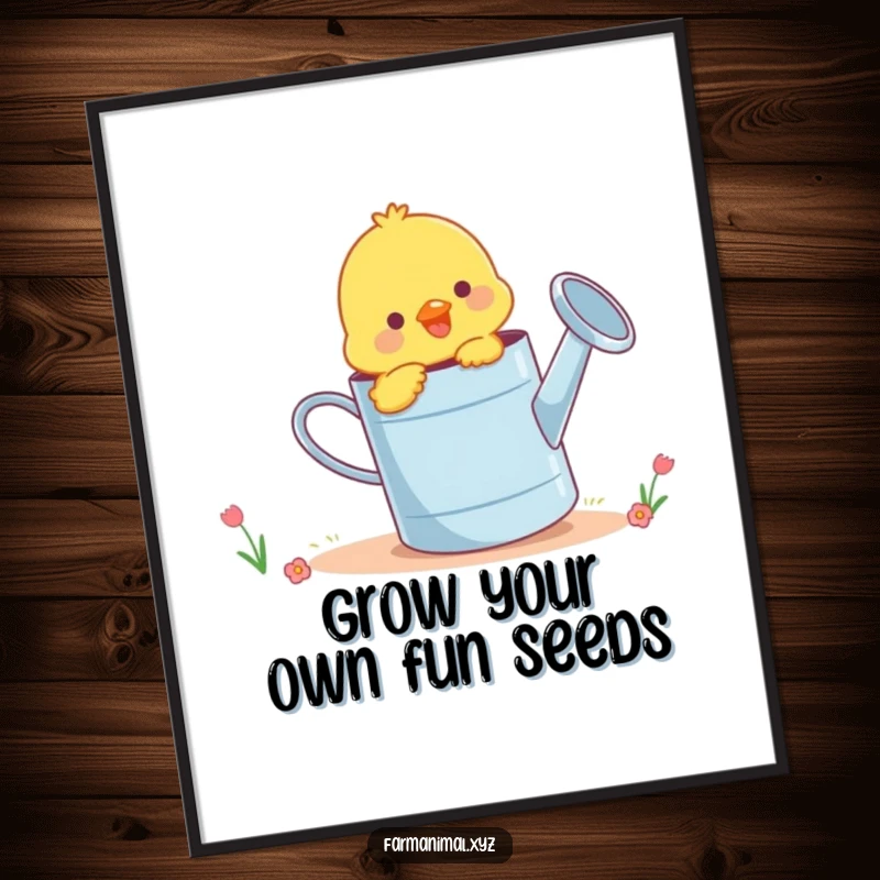Funny Free Printable Wall Art: Cheerful chick playfully pecking at a giant watering can, exuding farmyard fun.