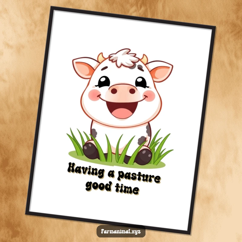 Funny Free Printable Wall Art: A cheerful cow with an enormous grin enthusiastically munching on green grass, farm animal art