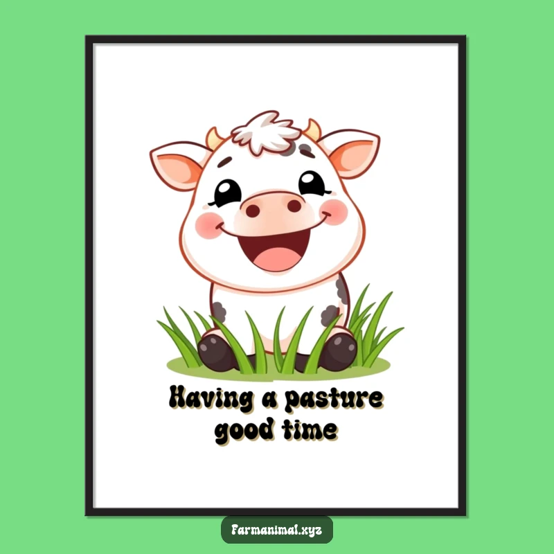 Free Printable Cow Wall Art: Funny Grinning Cow Munching Grass Downloadable Art Gift