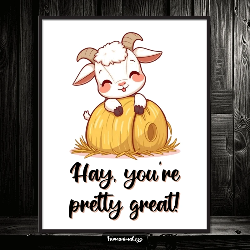 Funny Free Printable Wall Art: A goat energetically headbutting a hay bale in a playful, humorous scene.