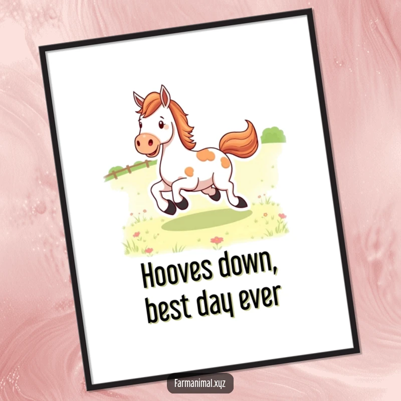 Funny Free Printable Wall Art: A happy horse energetically kicks its heels up in a sunny pasture, adding whimsical charm. Download now!