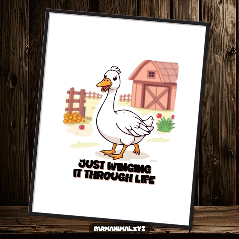 Funny Free Printable Goose Wall Art: A goose happily honks while waddling through a farm, bringing cheerful, rustic vibes.