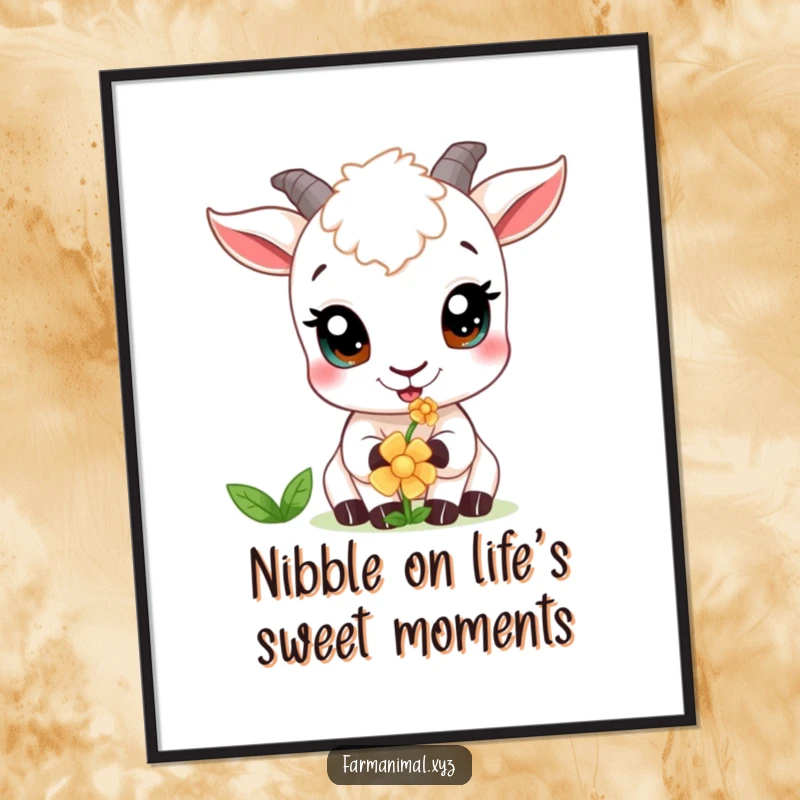Funny Free Printable Goat Wall Art: Curious goat with wide eyes gently nibbling a flower, bringing whimsical charm.