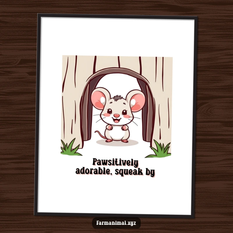 Funny Free Printable Wall Art of a cheerful little mouse peeking curiously from a rustic barn doorway, adding charm.