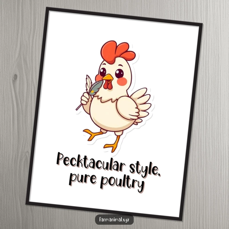 Funny free printable wall art of a cheerful chicken strutting confidently with a feather in its beak, a humorous design.