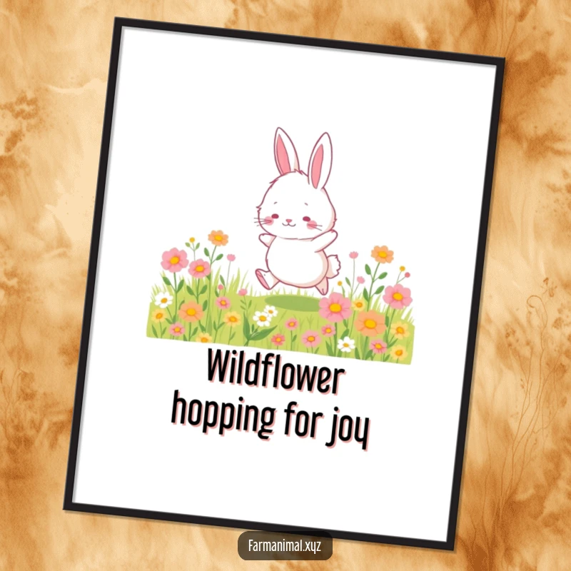 Funny Free Printable Wall Art: Fluffy bunny hopping through wildflowers, cheerful and humorous downloadable decor.