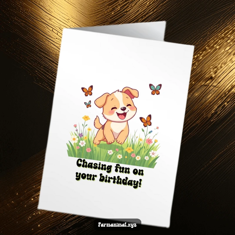 Funny free printable birthday card: A joyful cartoon dog gleefully chasing colorful butterflies through a sunny meadow.