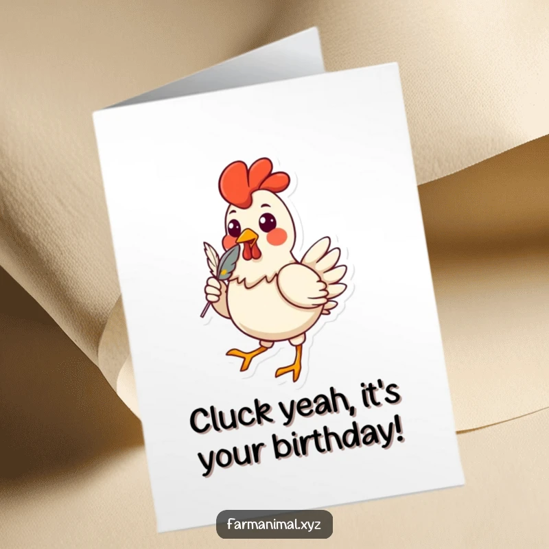 Funny free printable birthday card of a cheerful chicken strutting confidently with a feather in its beak, ready to celebrate.