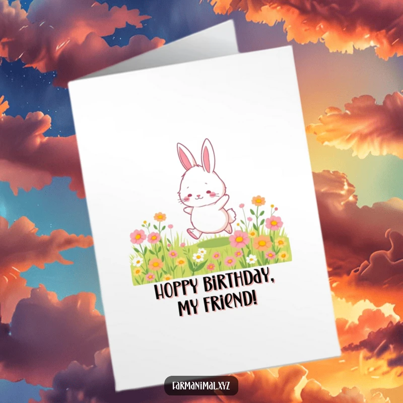 Funny Free Printable Birthday Card: Fluffy bunny hopping through wildflowers, joyful birthday greeting, downloadable gift.