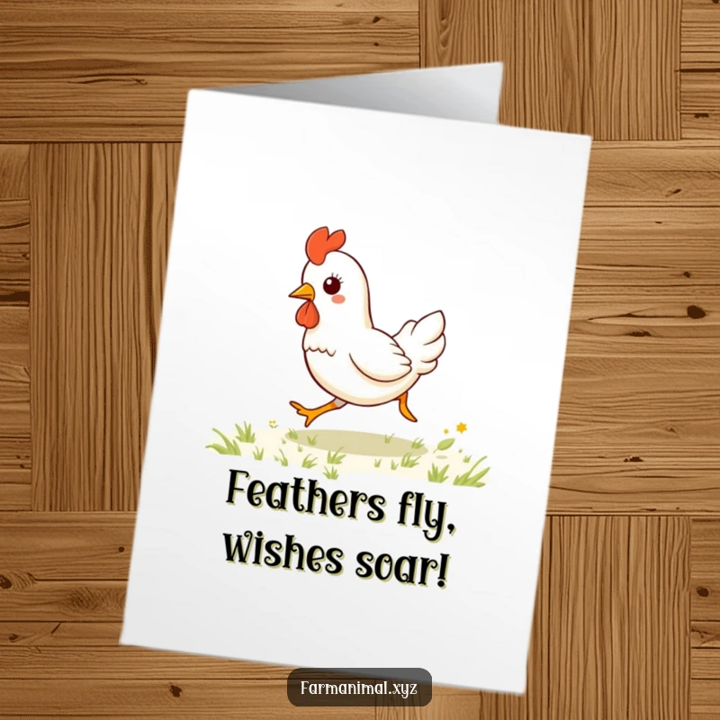 Funny Free Printable Birthday Card: Kawaii chicken gallops happily across a green field, bringing birthday cheer.