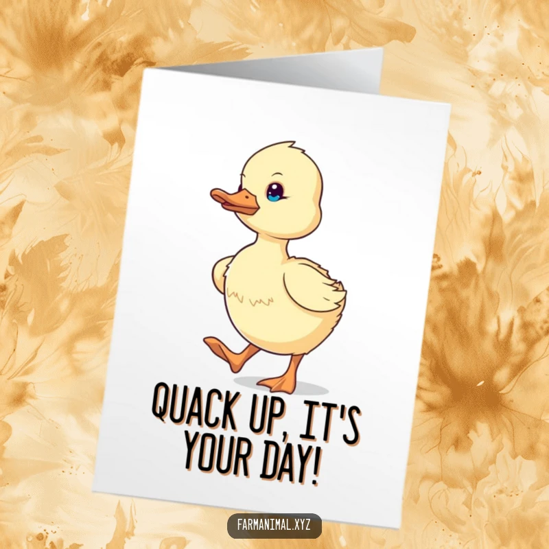 Funny Free Printable Birthday Card: Determined duckling waddles energetically, conveying birthday wishes with focus.