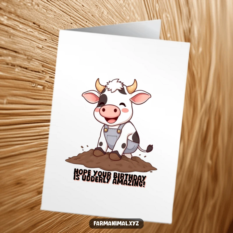 Funny Free Printable Birthday Card: Happy cow in overalls joyfully stomping in a mud puddle.