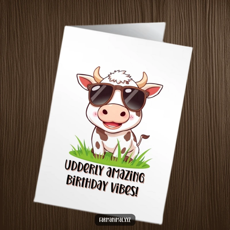 Funny Free Printable Birthday Card featuring a cool cow in sunglasses munching grass, spreading joy with downloadable humor.