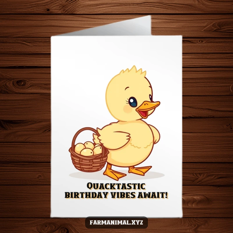 Funny Free Printable Birthday Card: Proud duckling waddling with a basket of tiny eggs, perfect for a cheerful DIY gift.
