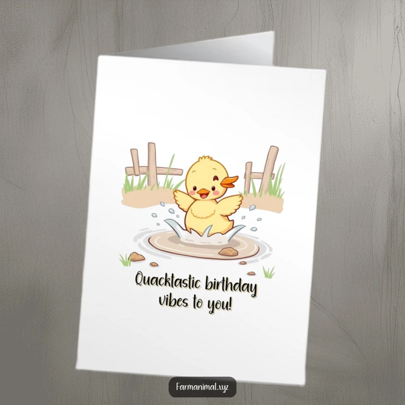 Funny Free Printable Birthday Card: Cute duckling enthusiastically splashing in a barnyard puddle, celebrating with glee.