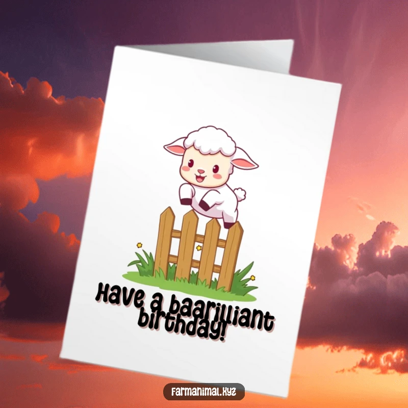 Funny Free Printable Birthday Card: Playful lamb leaping over a garden fence with pure excitement and joy.