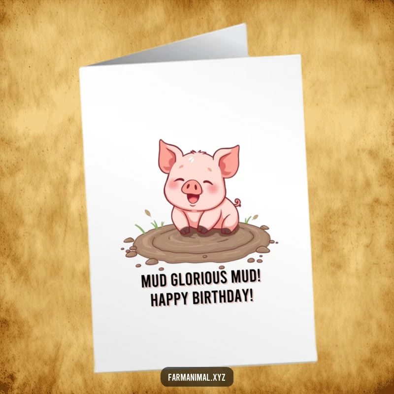 Funny Free Printable Birthday Card: A giggling piglet joyfully rolls in a muddy puddle, spreading birthday cheer.