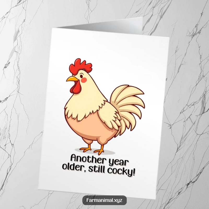 Funny Free Printable Birthday Card: A smiling rooster puffs its chest, crowing loudly for a humorous and memorable celebration.