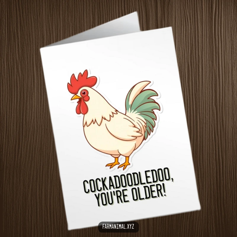 Funny Free Printable Birthday Card: Energetic rooster crowing loudly with chest puffed out, ready to party.