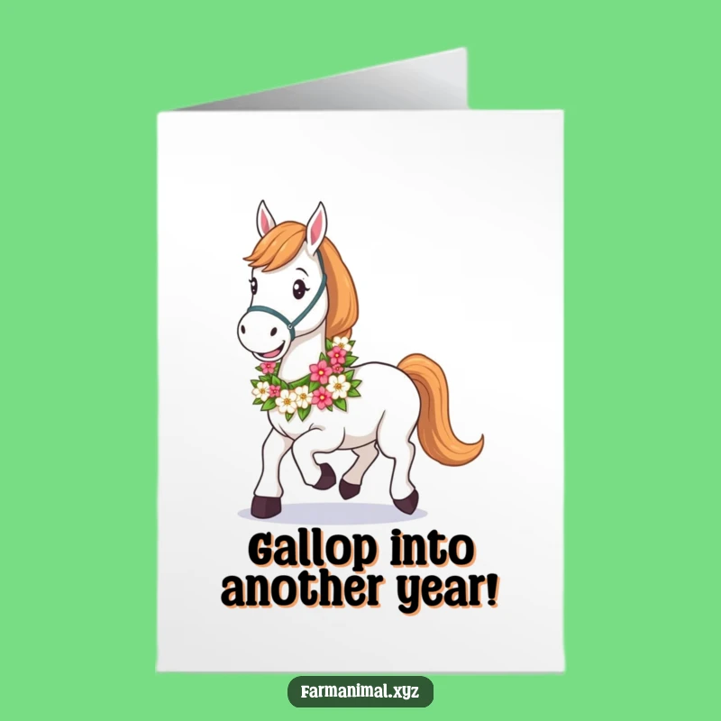 Free Printable Birthday Card: Happy Horse Floral Garland, Funny Downloadable Gift for Her