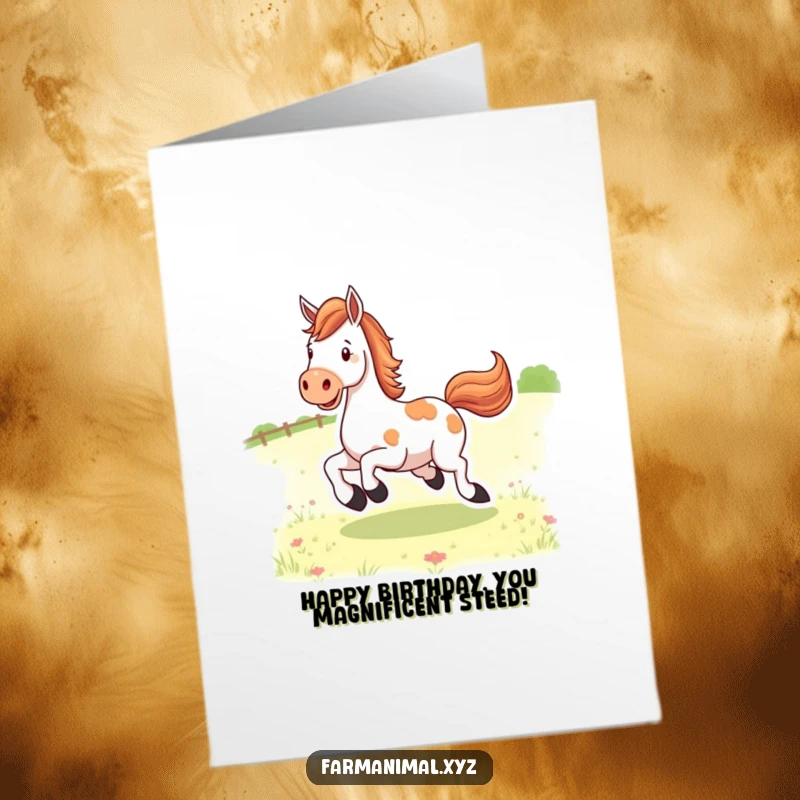 Funny Free Printable Birthday Card: A happy horse joyfully kicks its hind legs high in a lush green pasture. Send birthday wishes!