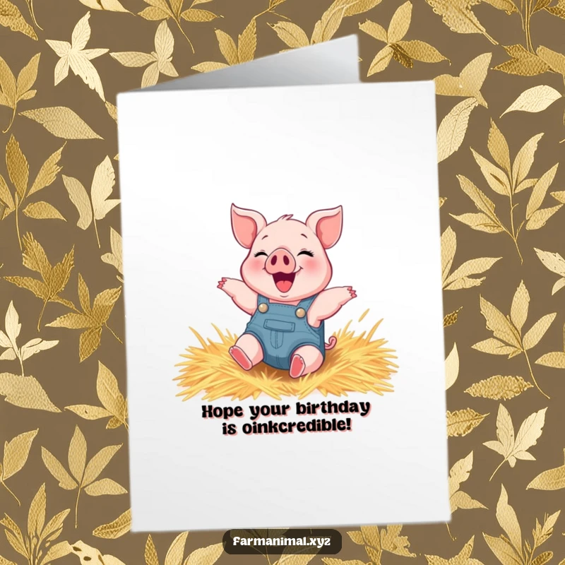 Funny Free Printable Birthday Card: A cheerful piglet in overalls gleefully rolls in a pile of hay, celebrating joyfully.