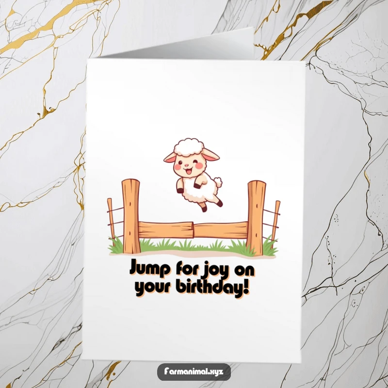 Funny Free Printable Birthday Card: Giggling sheep with determination leaping energetically over a fence, celebrating a birthday.