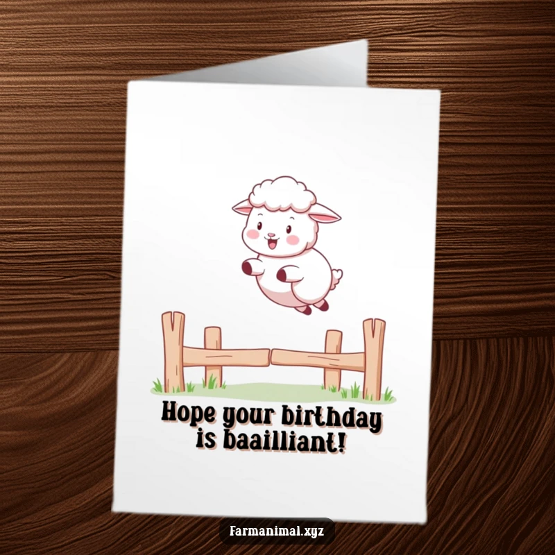 Funny Free Printable Birthday Card: A sheep playfully jumping over a fence, a lighthearted and energetic birthday wish.