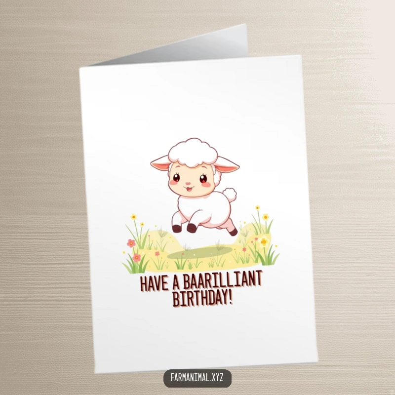 Free printable birthday card with a playful lamb skipping joyfully through a sunny meadow, spreading cheer.