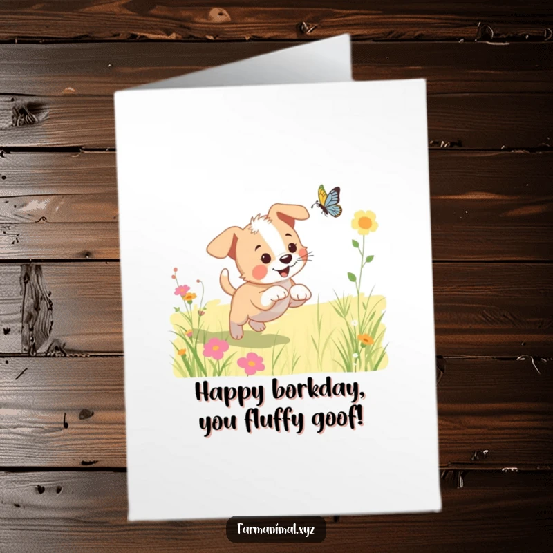 Funny Free Printable Birthday Card: A happy puppy joyfully chases a butterfly through a bright, sunny meadow, capturing pure delight.